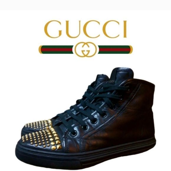 GUCCI GOLD STUDDED BLACK LEATHER HI TOPS UK 37 Size 7-7.5 Women’s - Picture 1 of 16